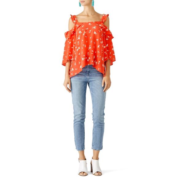 Shoshanna Bronwen Red Floral Print Cold Shoulder Square Neck Silk Top Size Small - Picture 1 of 12